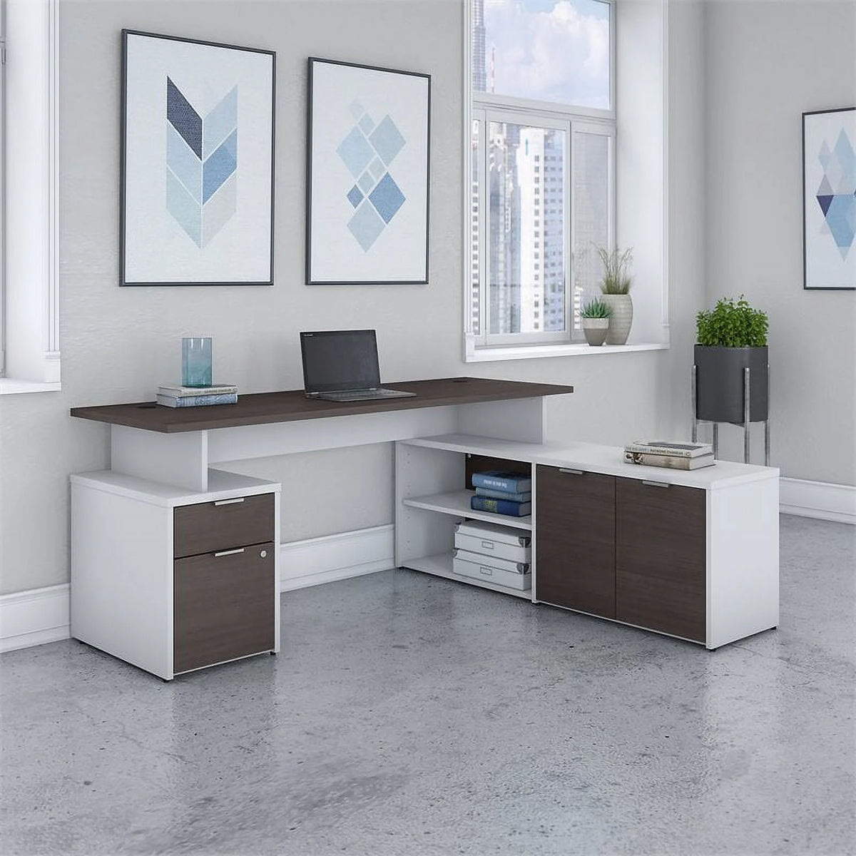 72" L Shaped Desk in White and Storm Gray T86035