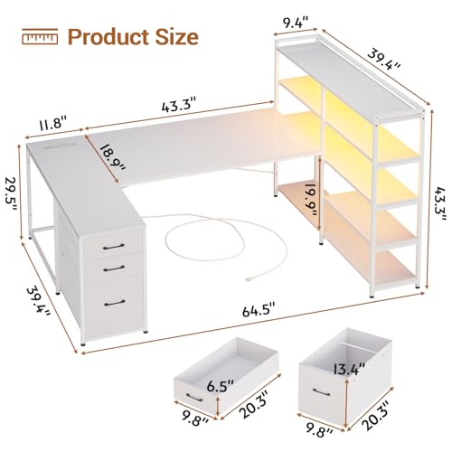 L Shaped Desk with Storage Shelves and 3 Fabric Drawers N963