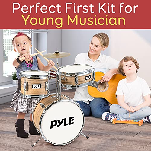 3-Piece Kids Junior Metallic Striped Yellow Drum Set with Throne, Cymbal, Pedal, Bass Drum, Tom and Drumsticks H860