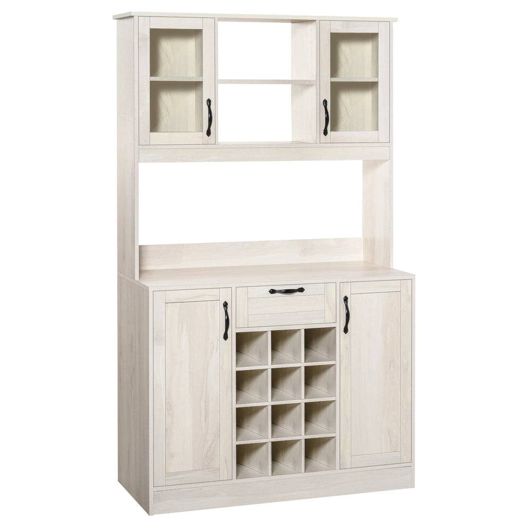 White Kitchen Buffet Hutch Cupboard with 4 Door Cabinets and 12-Bottle Wine Storage P87270