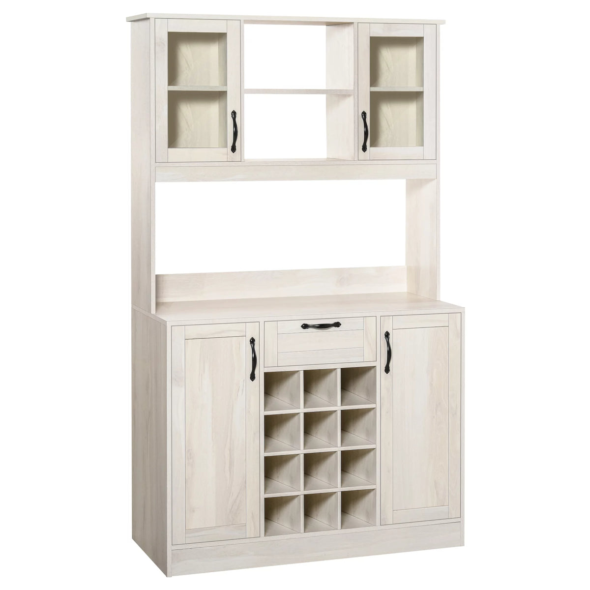 White Kitchen Buffet Hutch Cupboard with 4 Door Cabinets and 12-Bottle Wine Storage P87270