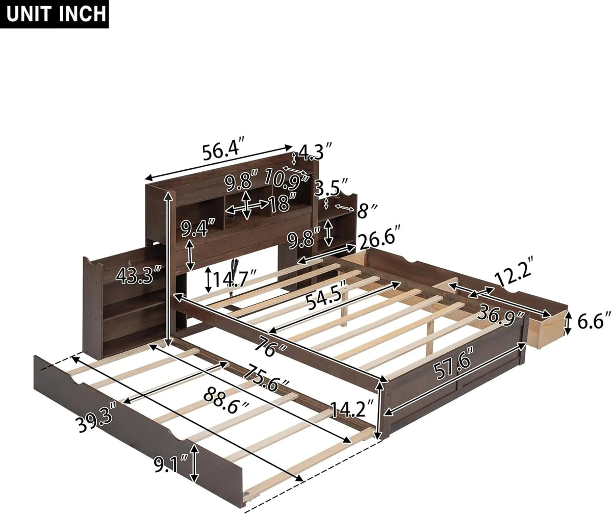 Full Size Wood Storage Bed with Bookcase Headboard and Trundle B599036