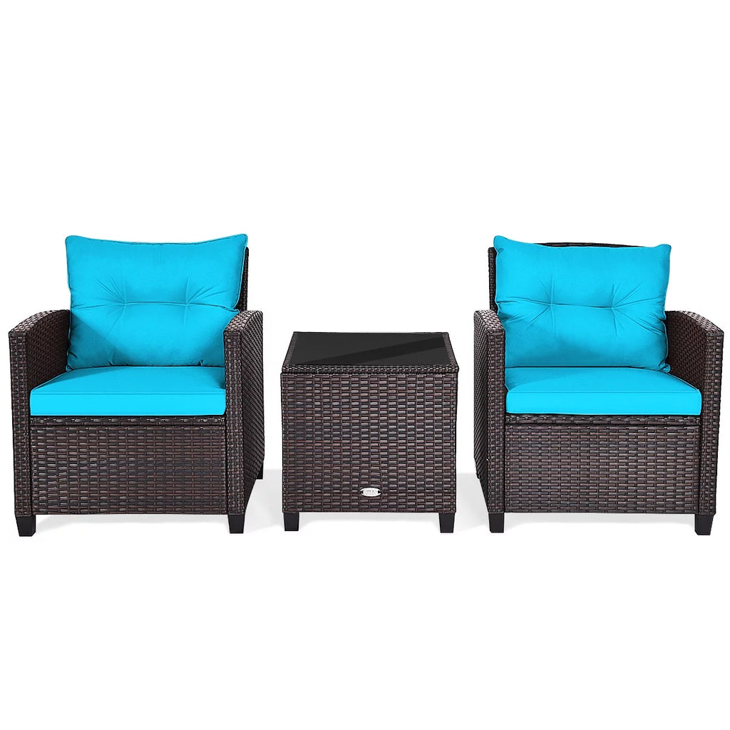 3 Pieces Wicker Cushioned Conversation Set with Turquoise Cushions X76580