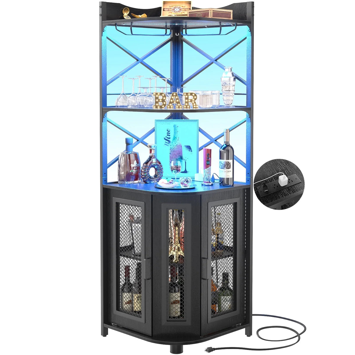 Black Corner Bar Cabinet with Power Outlet N29300