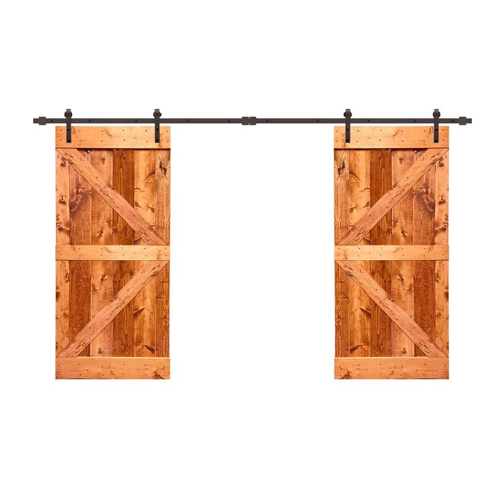 84 in. x 84 in. Oak Stained Knotty Pine Wood Interior Double Sliding Barn Door with Hardware Kit M942586