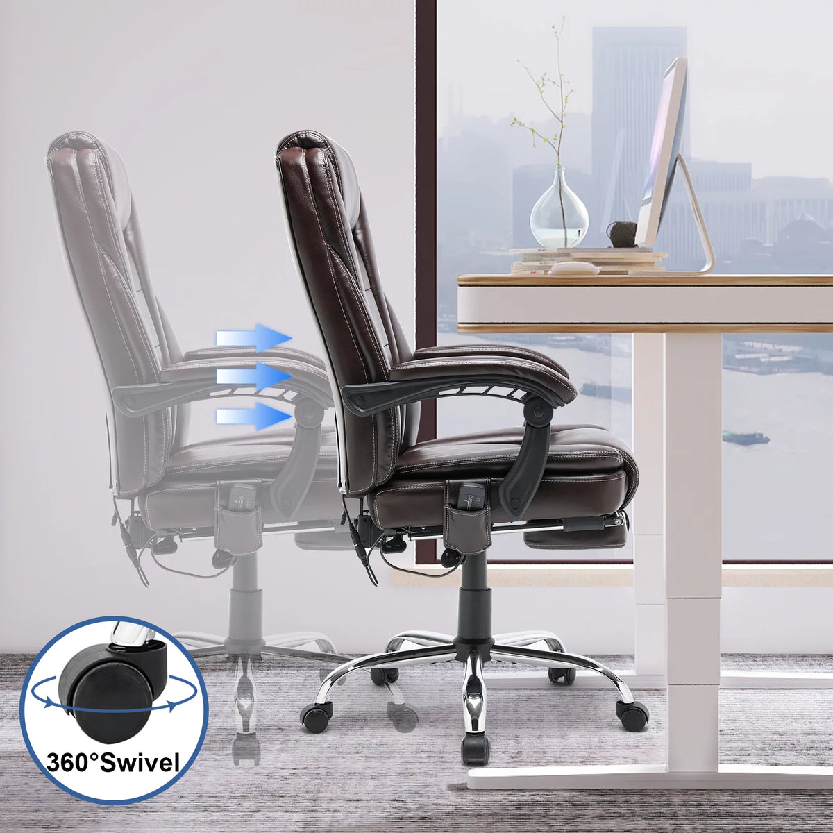 Brown PU Leather Ergonomic High Back Office Chair with Footrest K7665
