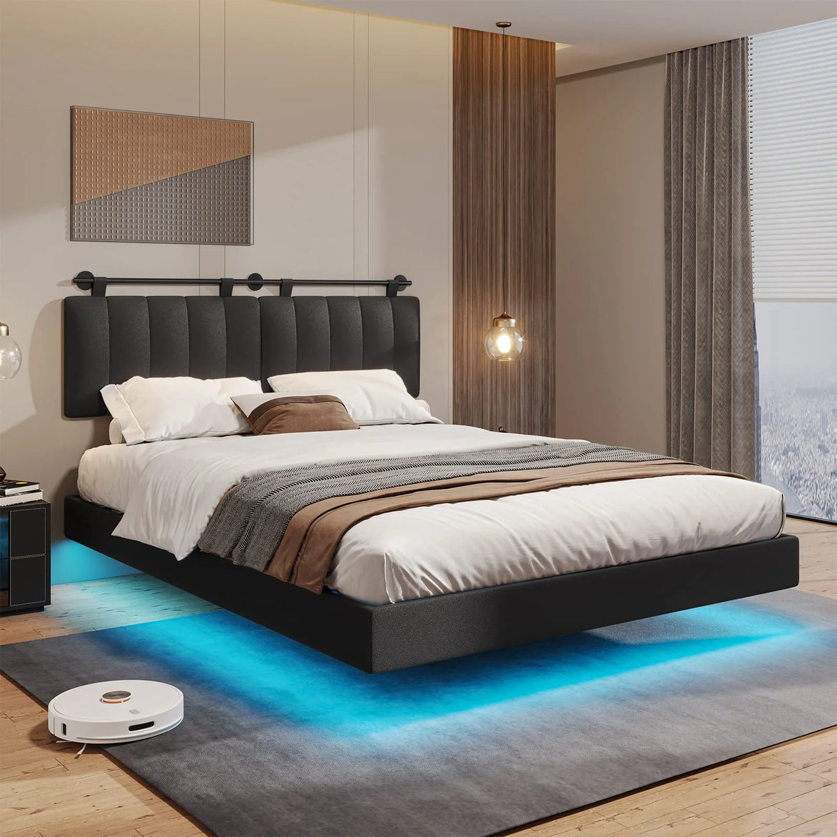 Black Full Size Faux Leather Upholstered Platform Bed Frame with LED Lights D686