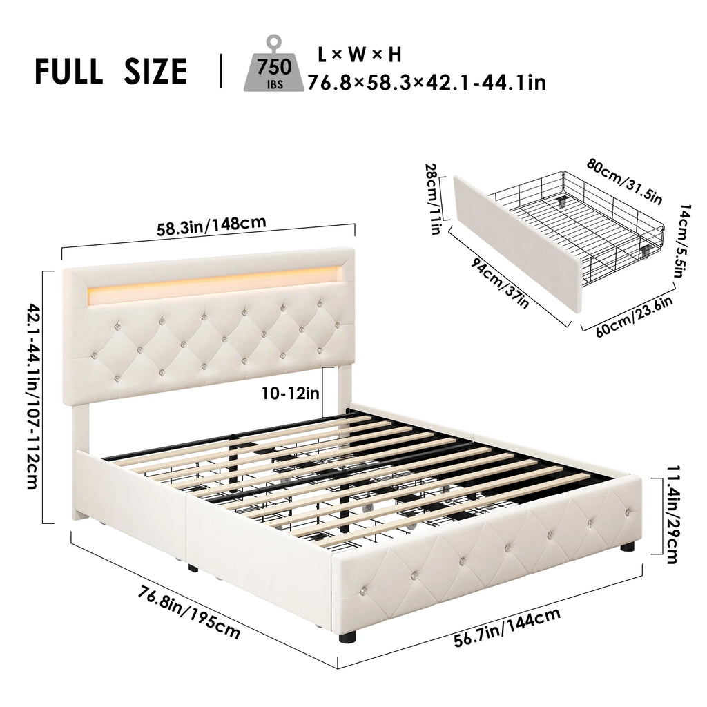 Full LED Bed Frame with 4 Storage Drawer T6899