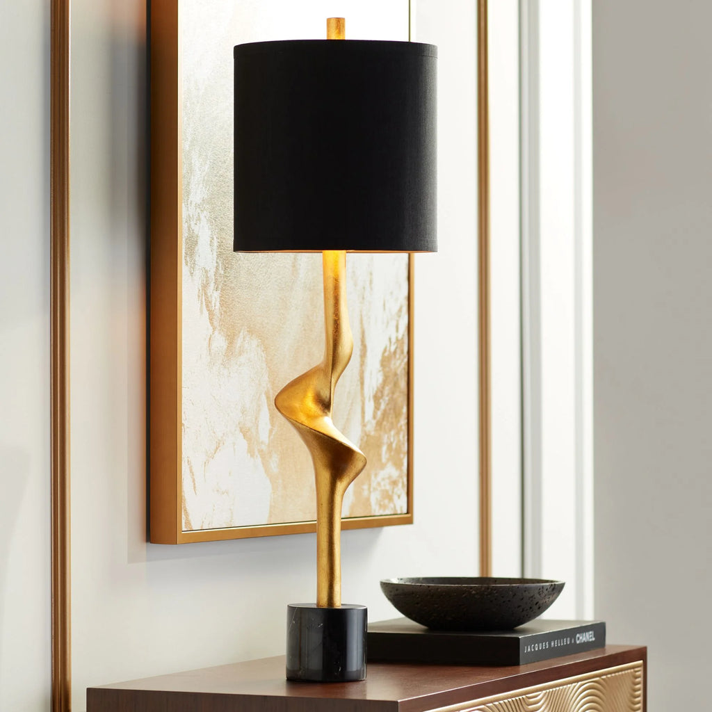 32" Tall Modern End Table Lamps Set of 2 Gold Leaf Black Shade G257