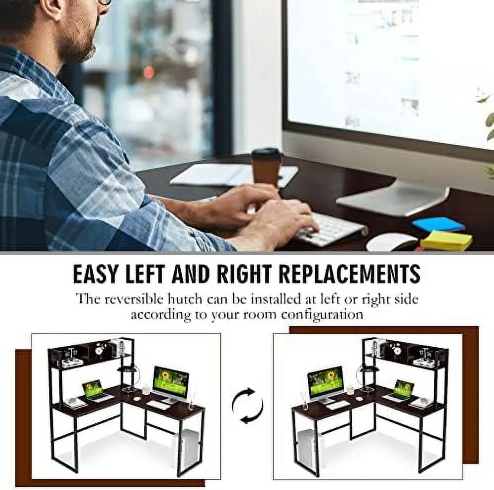 Reversible L-Shaped Corner Computer Desk with Hutch P912511