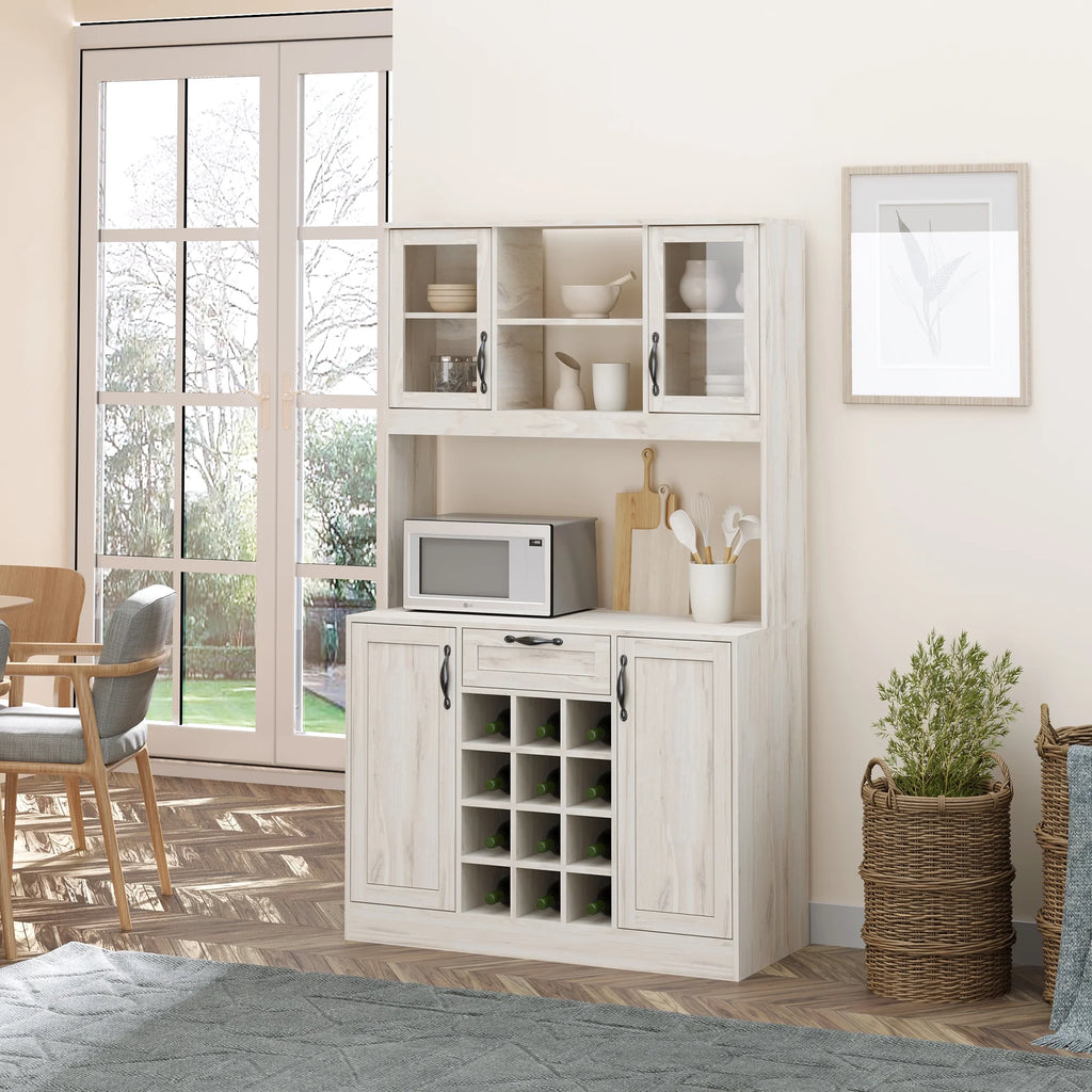 White Kitchen Buffet Hutch Cupboard with 4 Door Cabinets and 12-Bottle Wine Storage P87270