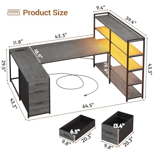 L Shaped Desk with Storage Shelves and 3 Fabric Drawers N963