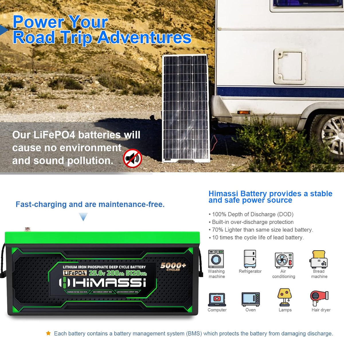 24V 200Ah LiFePO4 Deep Cycle Battery with 200A BMS Q59537