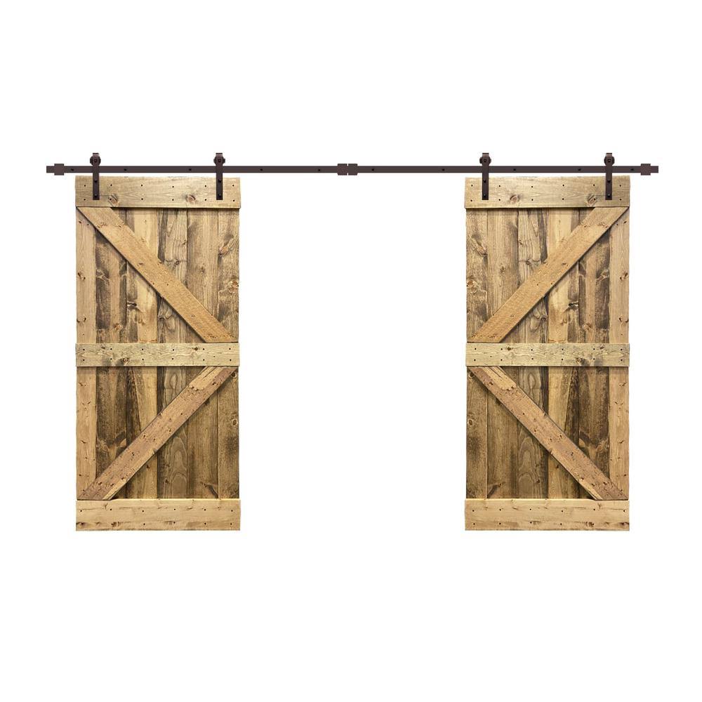 84 in. x 84 in. Oak Stained Knotty Pine Wood Interior Double Sliding Barn Door with Hardware Kit M942586