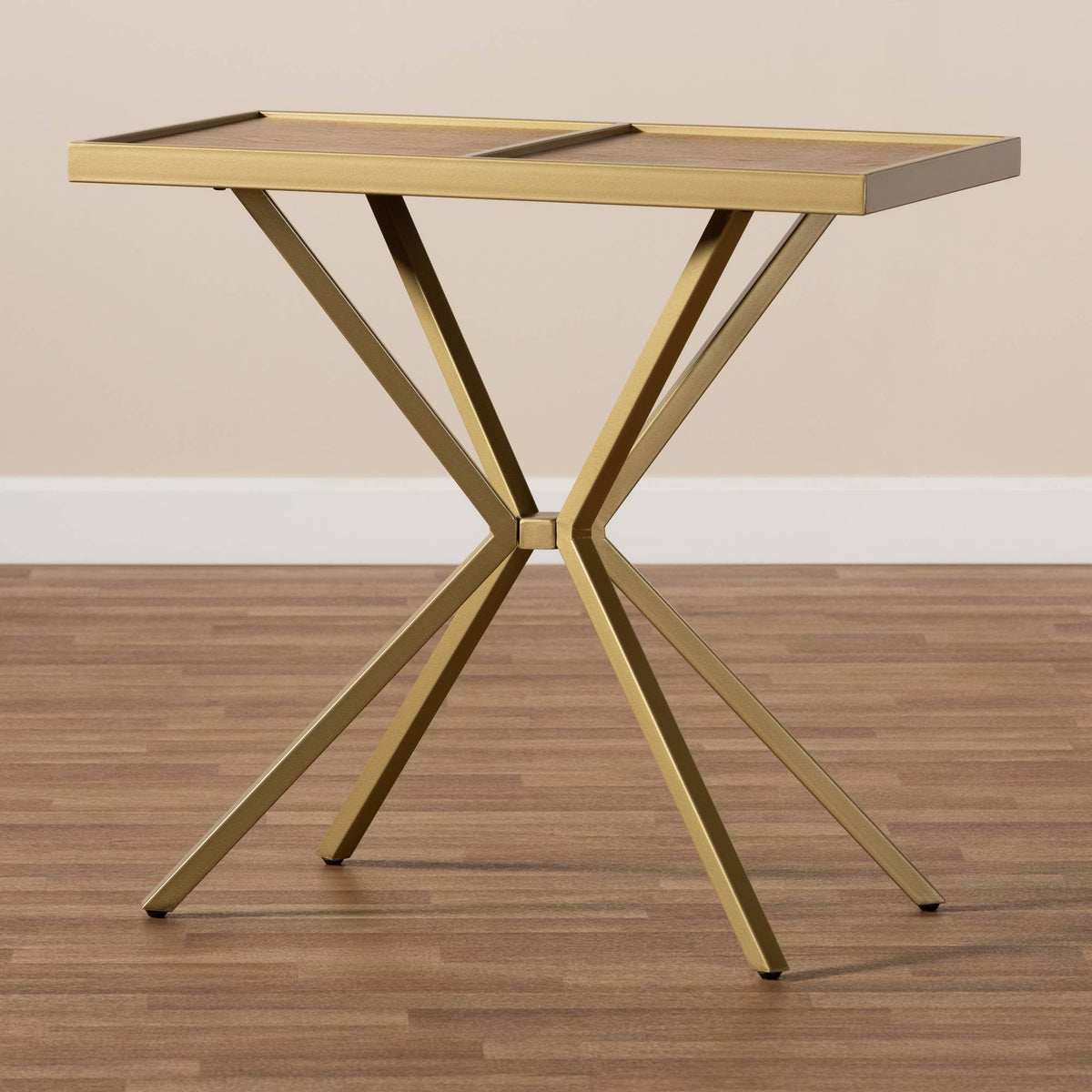 Walnut Finished Wood and Gold Finished Metal Console Table P7080