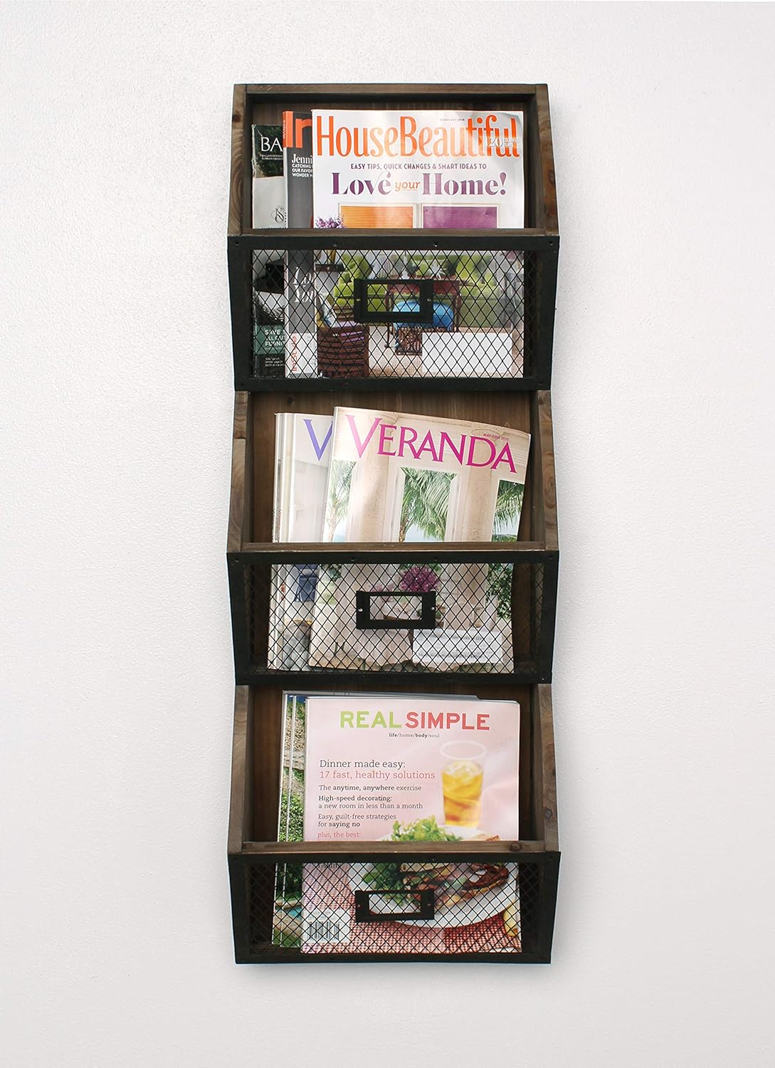 Rustic Wood and Metal Wall Vertical Storage Pockets L7962