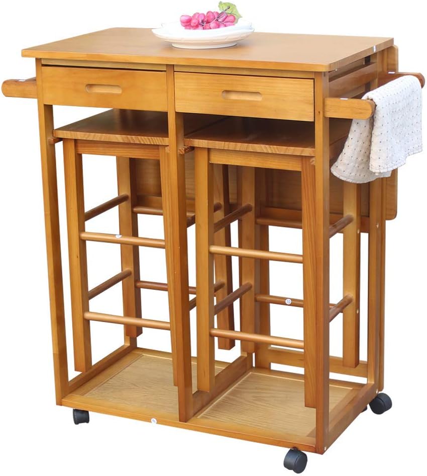Foldable Kitchen Island Trolley Cart with 2 Stools and 2 Drawers V960623