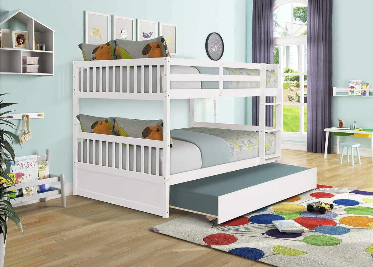 Full Over Full Pine Wood Bunk Bed with Trundle and Guardrail M148