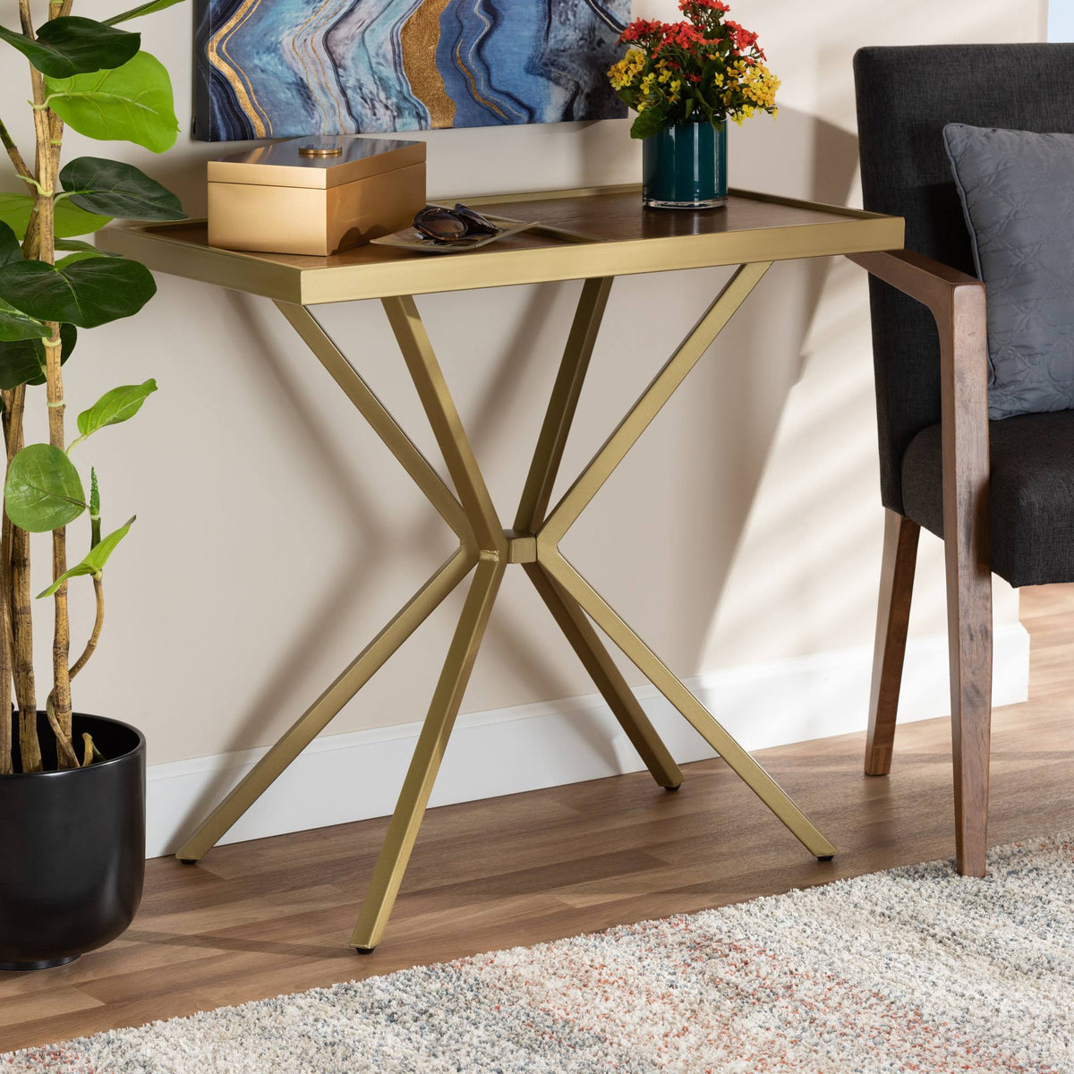 Walnut Finished Wood and Gold Finished Metal Console Table P7080