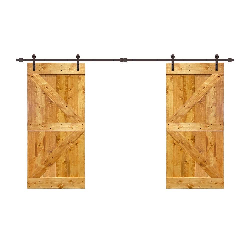 84 in. x 84 in. Oak Stained Knotty Pine Wood Interior Double Sliding Barn Door with Hardware Kit M942586
