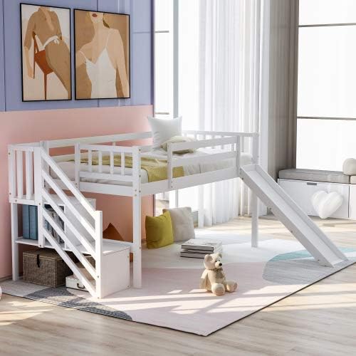 White Twin Size Low Loft Bed with Slide and Staircase P4524