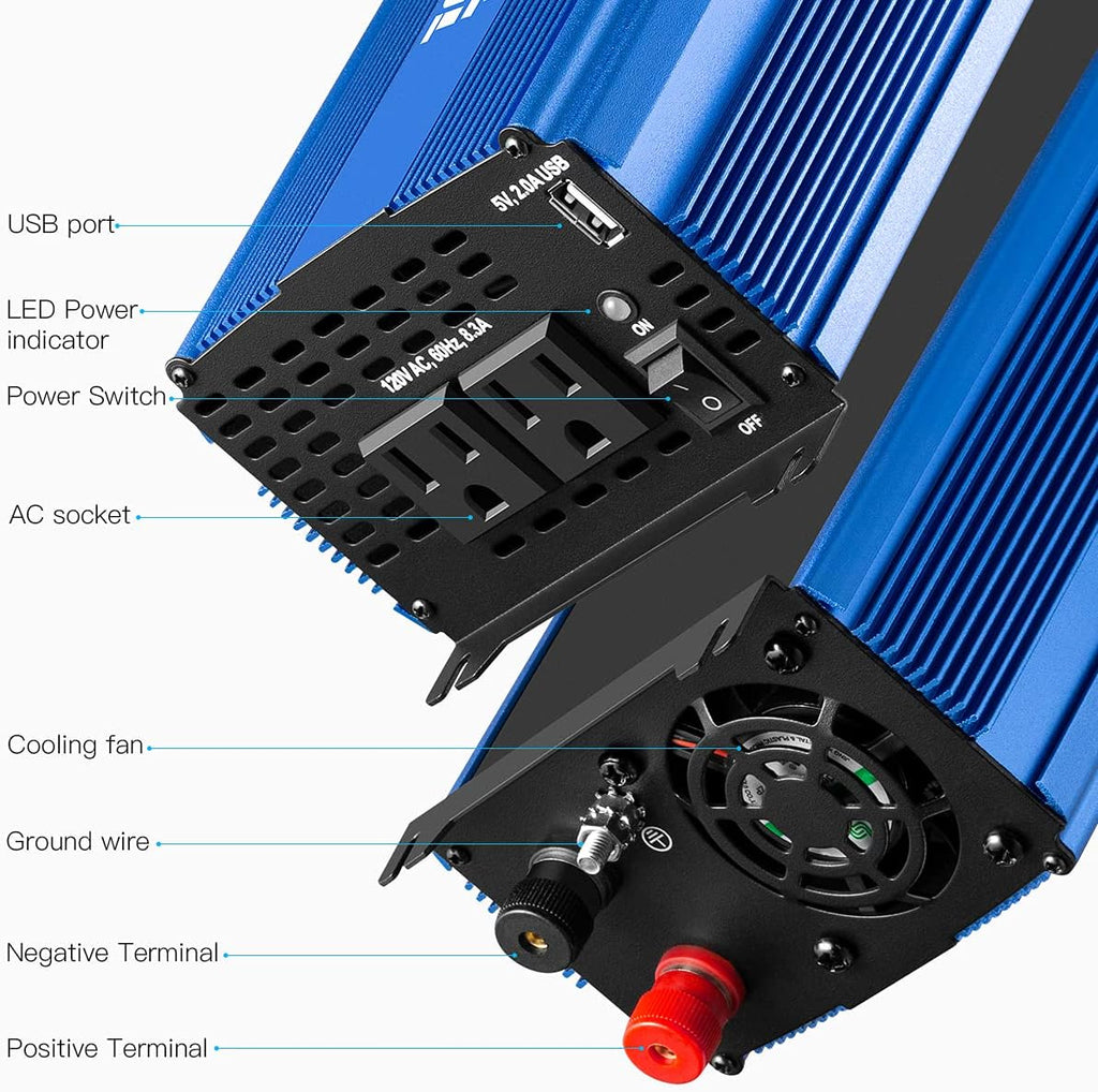 3000W Pure Sine Wave Power Inverter 12V DC to 110V AC with 4 AC Outlets 2 USB Ports N8966