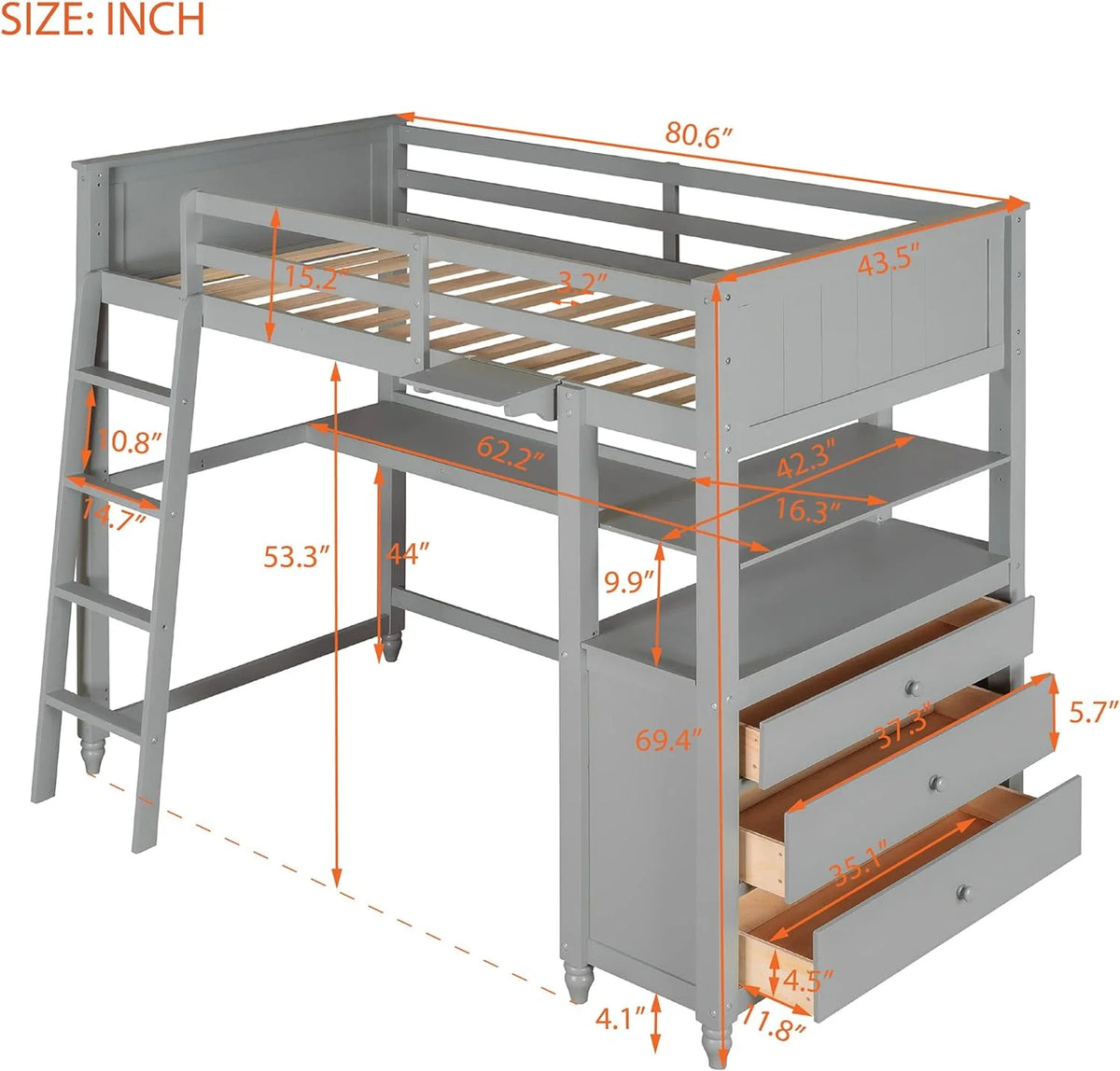 Solid Wood Bed Frame with Desk 3 Drawers and Shelves W30780