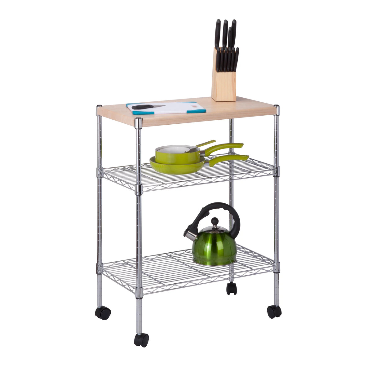 3-Tier Wood and Steel Rolling Kitchen Storage Cart Y86570