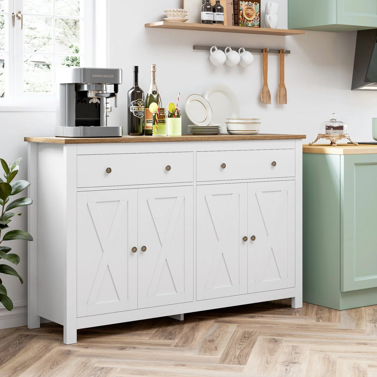 White 4-Doors 2-Drawers Wood Storage Cabinet T810