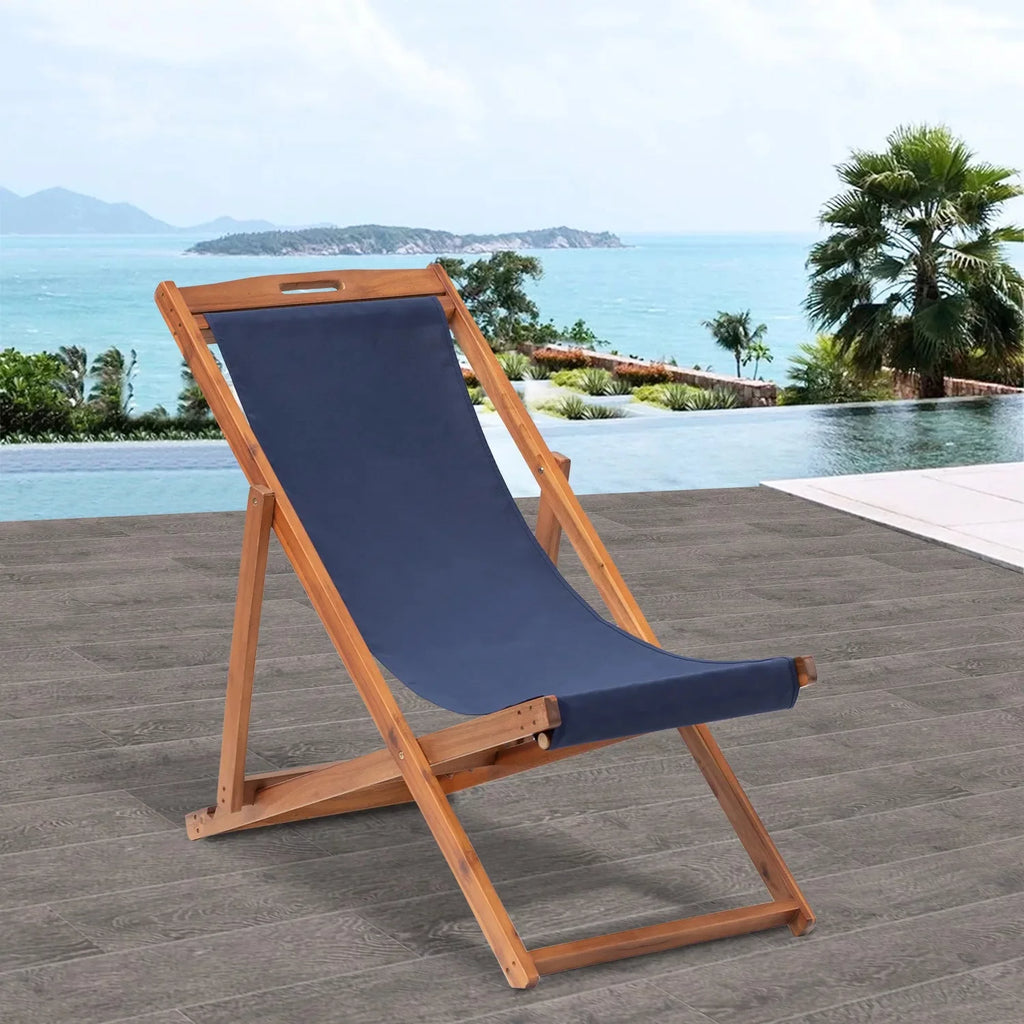Beach Chair 2 Set Folding Reclining Chair with Solid Wood Frame Blue W12913