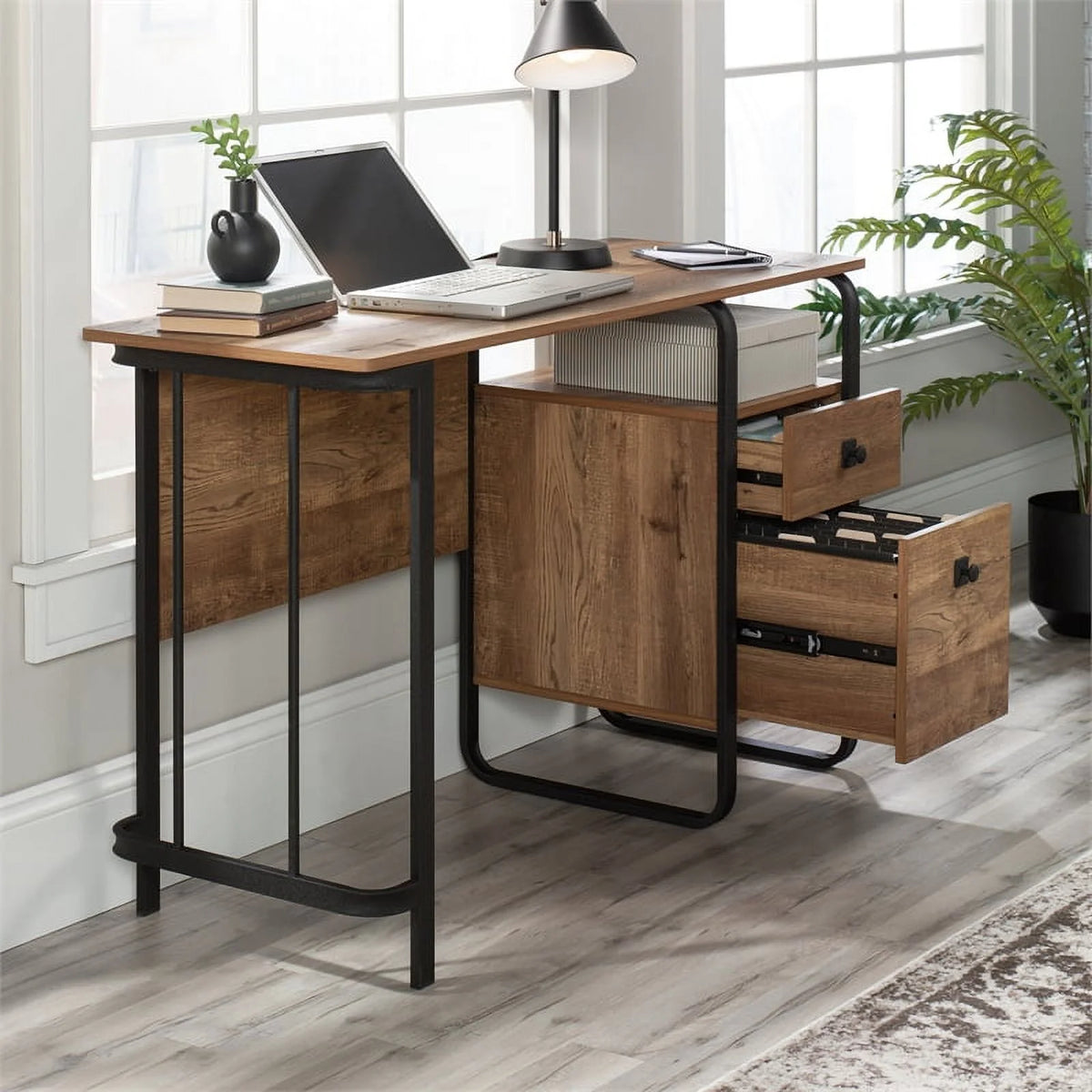 Contemporary Etched Oak Engineered Wood and Metal Desk Q5971