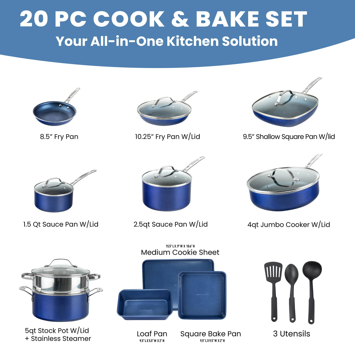 20 Piece Nonstick Blue Cookware Bakeware Set M11794