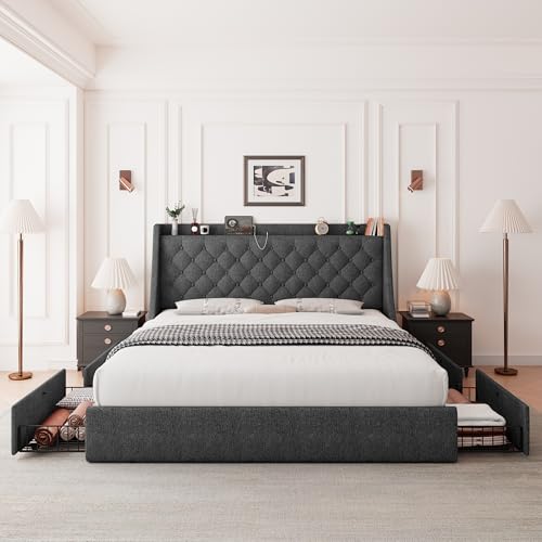 Light Grey Upholstered Full Size Bed Frame with 4 Storage Drawers R1073