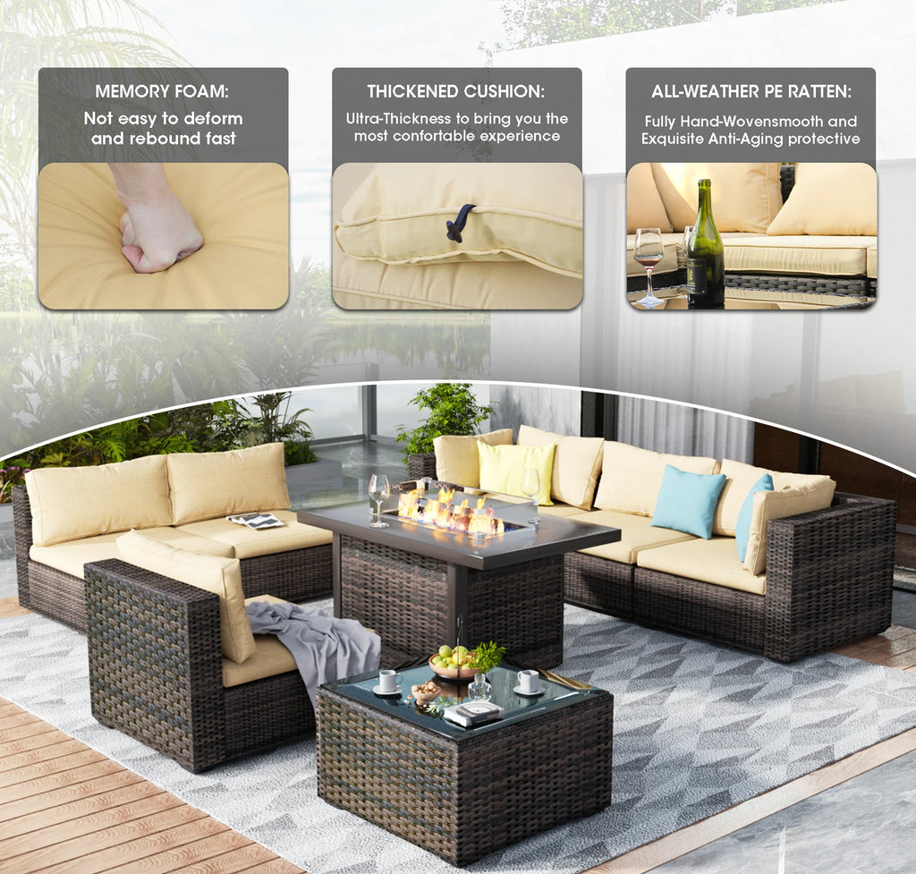 8 Pieces All Weather Wicker Sectional Sofa Set with Black-Glass Table R471