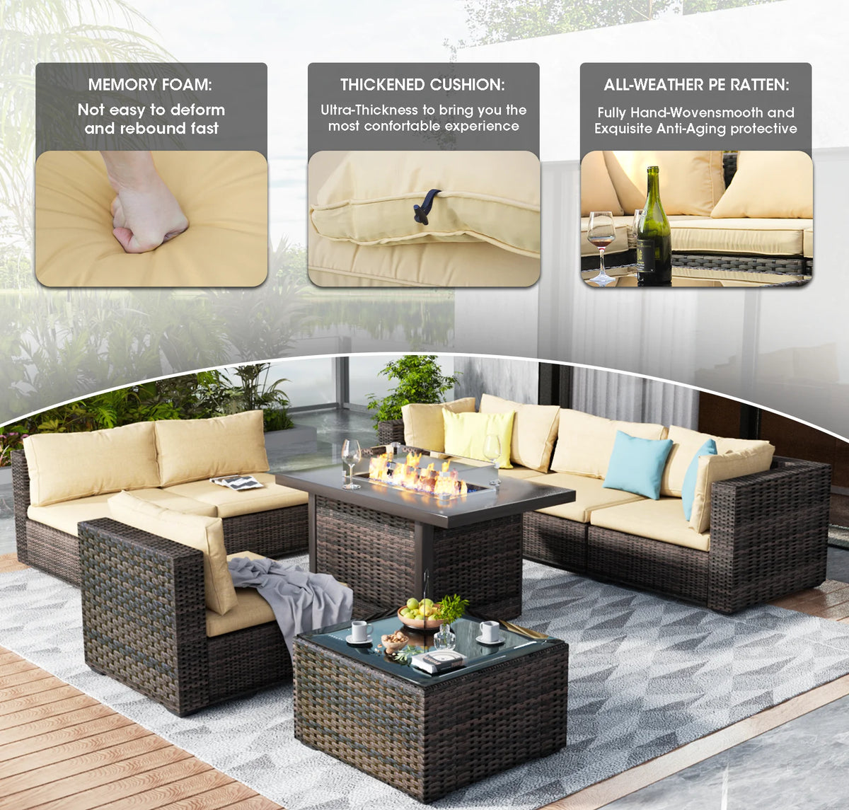 8 Pieces All Weather Wicker Sectional Sofa Set with Black-Glass Table R471
