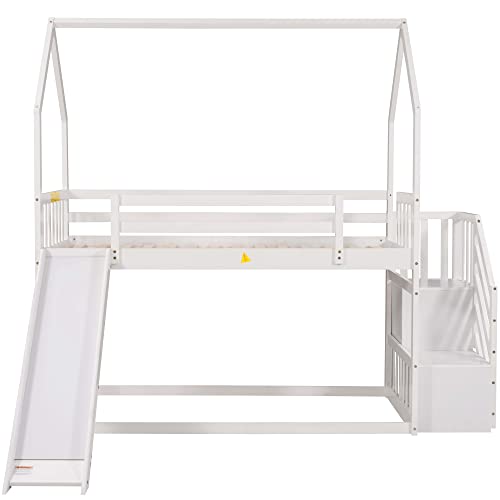White Twin Over Twin Bunk Bed with Slide and Storage Staircase L622734