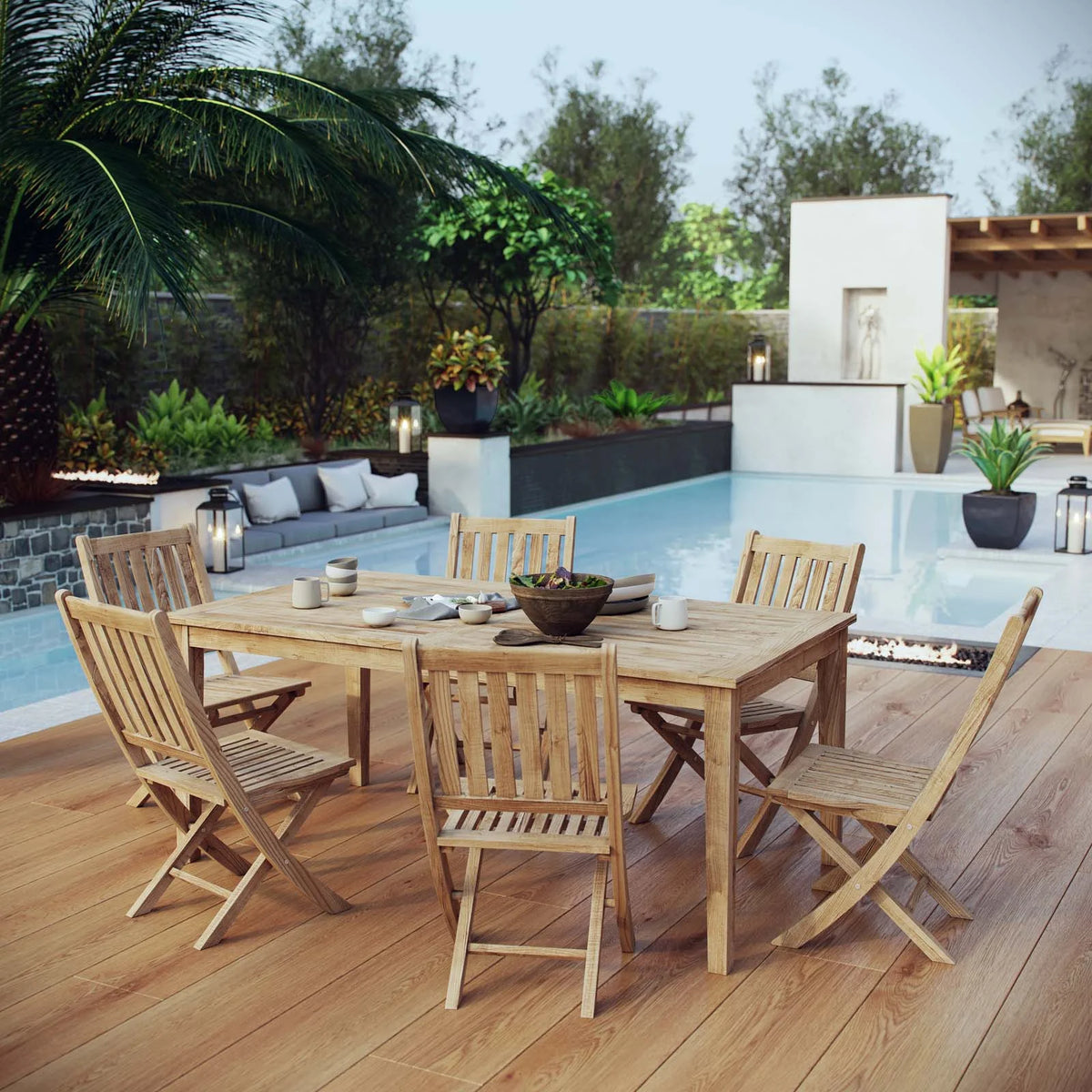 Outdoor Patio Side Dining Chair and Table Set, Wood, Natural S86330