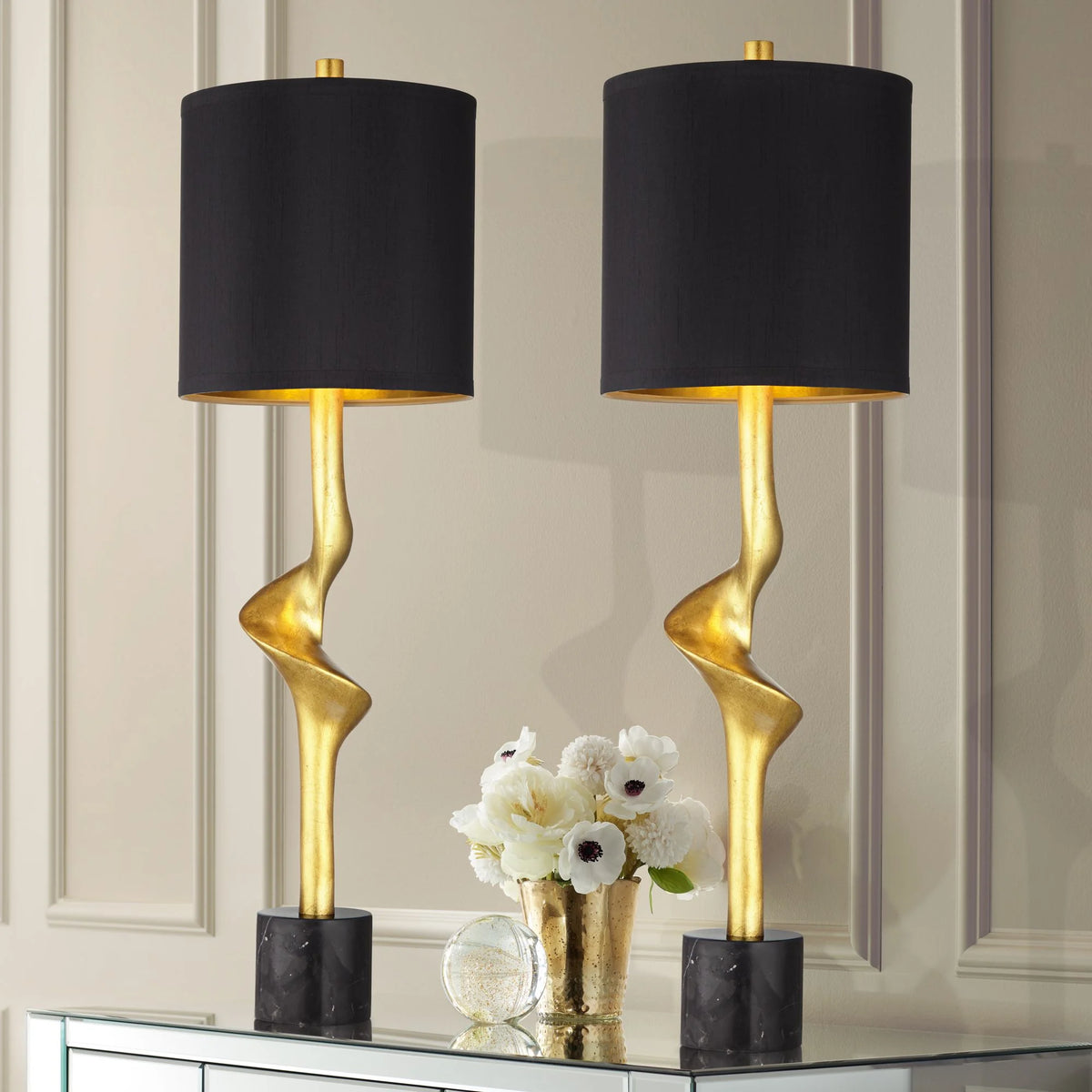 32" Tall Modern End Table Lamps Set of 2 Gold Leaf Black Shade G257
