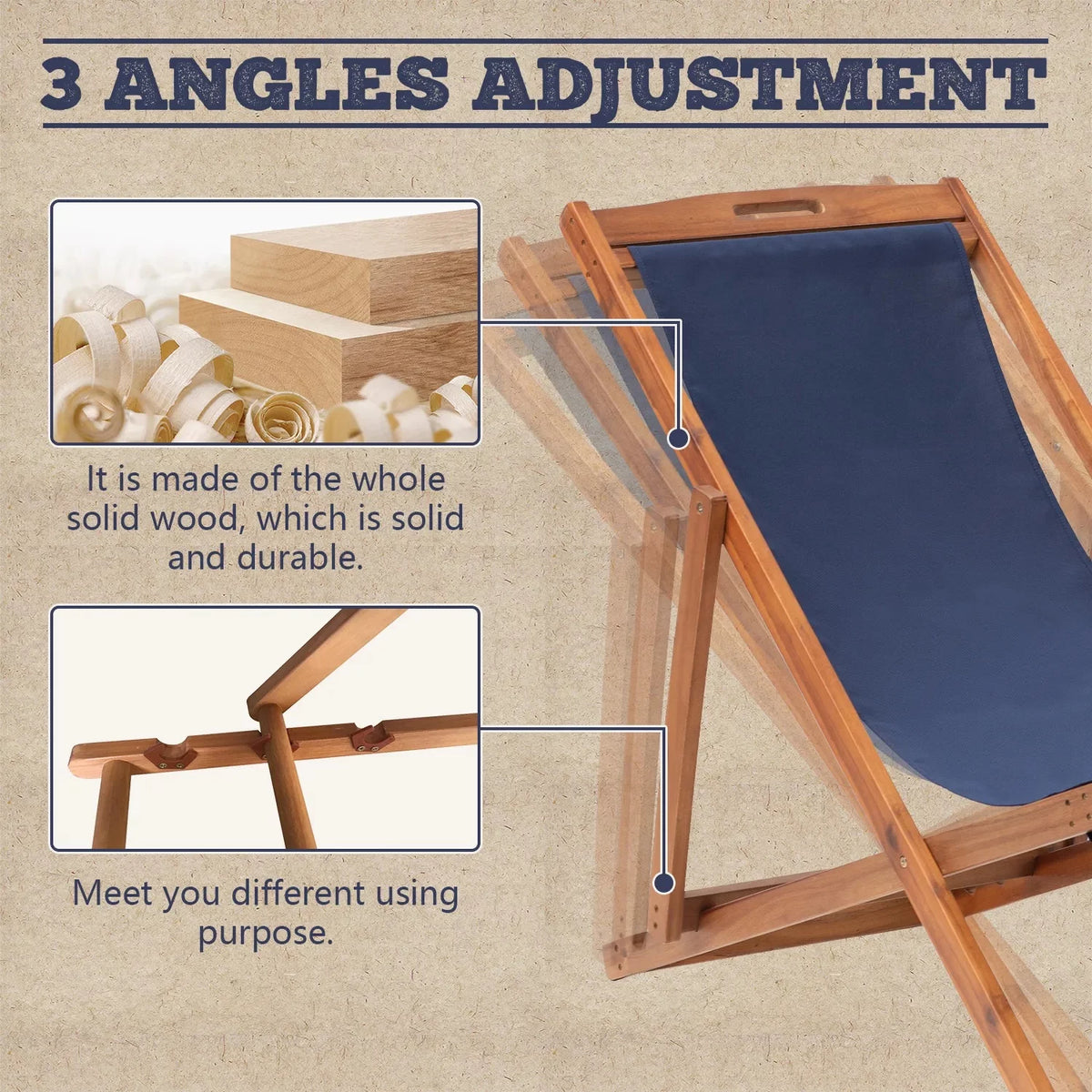 Beach Chair 2 Set Folding Reclining Chair with Solid Wood Frame Blue W12913