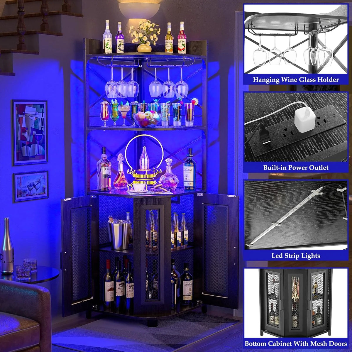 Black Corner Bar Cabinet with Power Outlet N29300