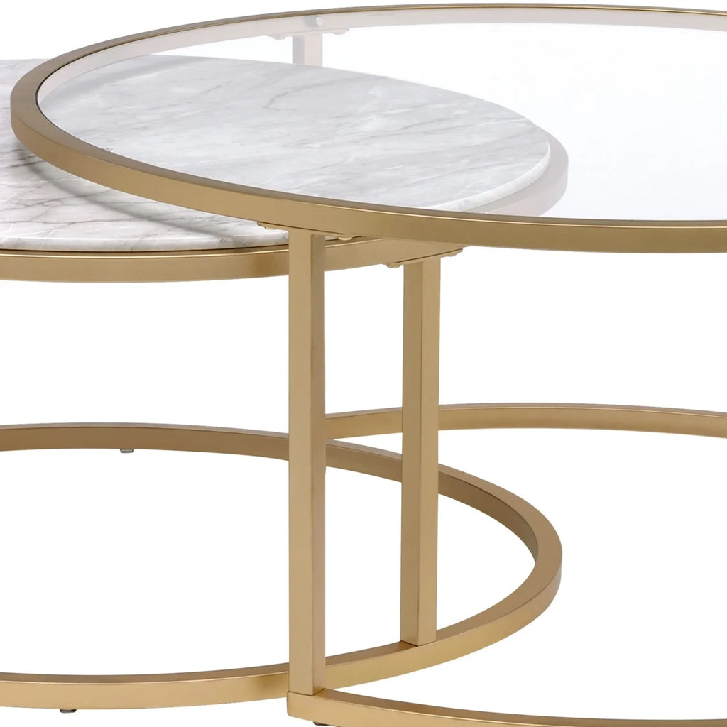 Metal Framed Nesting Coffee Tables with Glass and Marble Tops Set of Two Gold P406