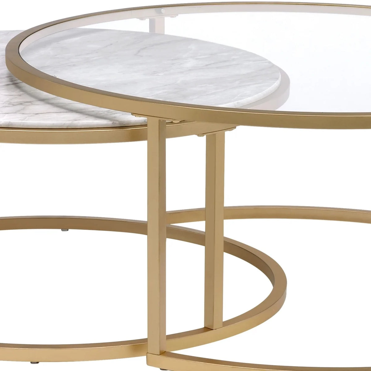 Metal Framed Nesting Coffee Tables with Glass and Marble Tops Set of Two Gold P406