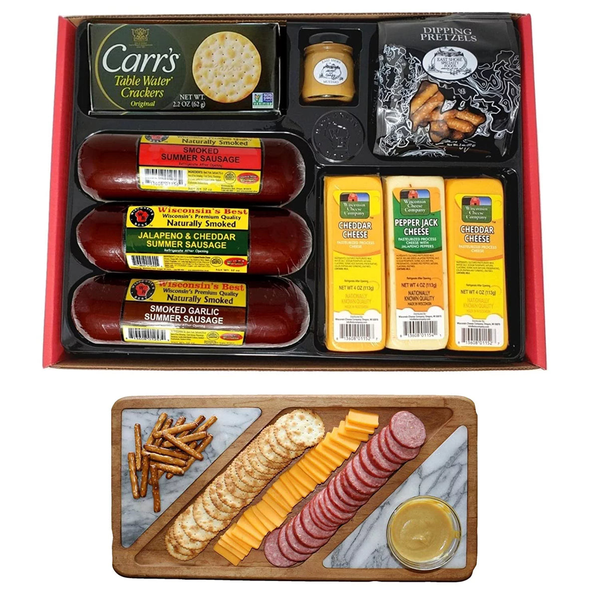 Gift Basket with Summer Sausages, Cheese, Crackers, Pretzels, and Mustard V86382