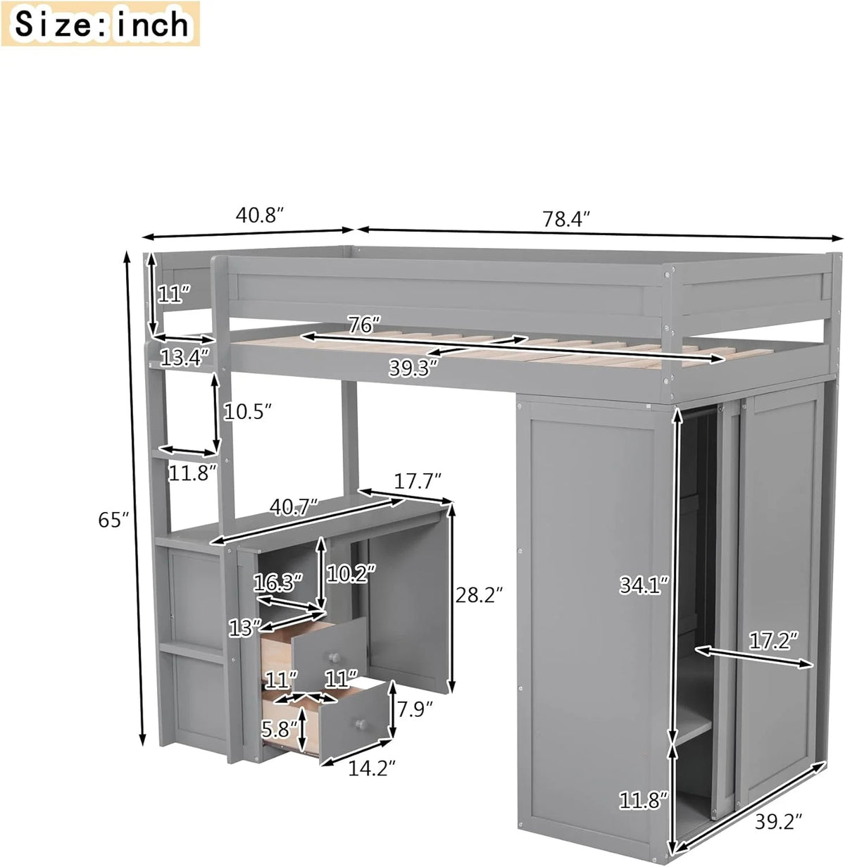Wood Loft Bed Frame with Storage Drawers and Ladder S4225