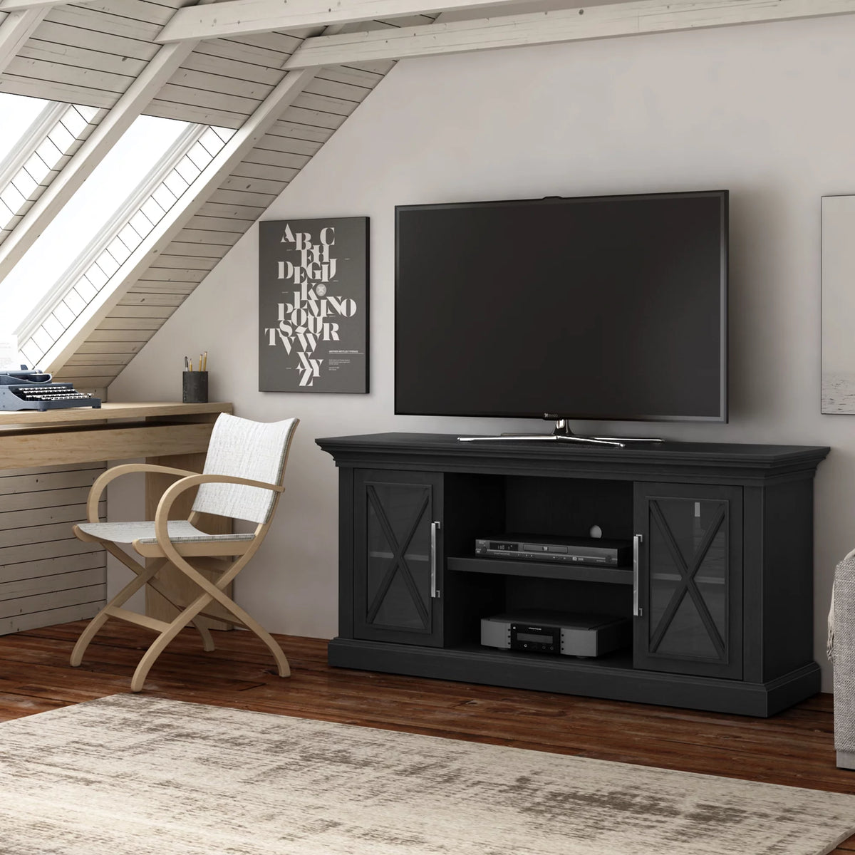 Black TV Stand with Two Side Cabinets and Open Shelves X628