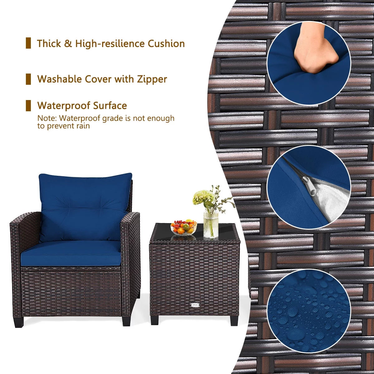 3 Pieces Wicker Cushioned Conversation Set with Turquoise Cushions X76580