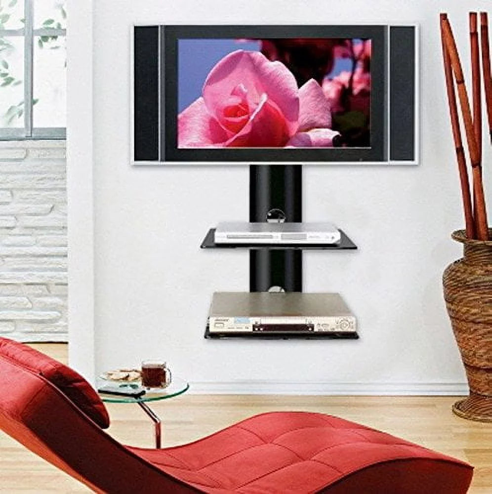 High Gloss Black Double Shelf Wall Mounted AV Component Shelving System with 2 Tempered Glass Shelves F97795