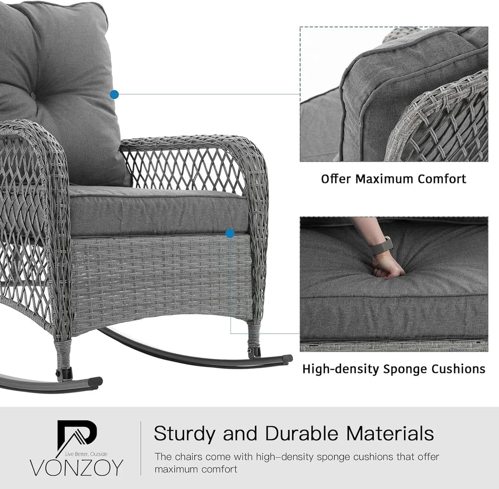 3-Piece Wicker Outdoor Rocking Chairs with Cushions and Table U886