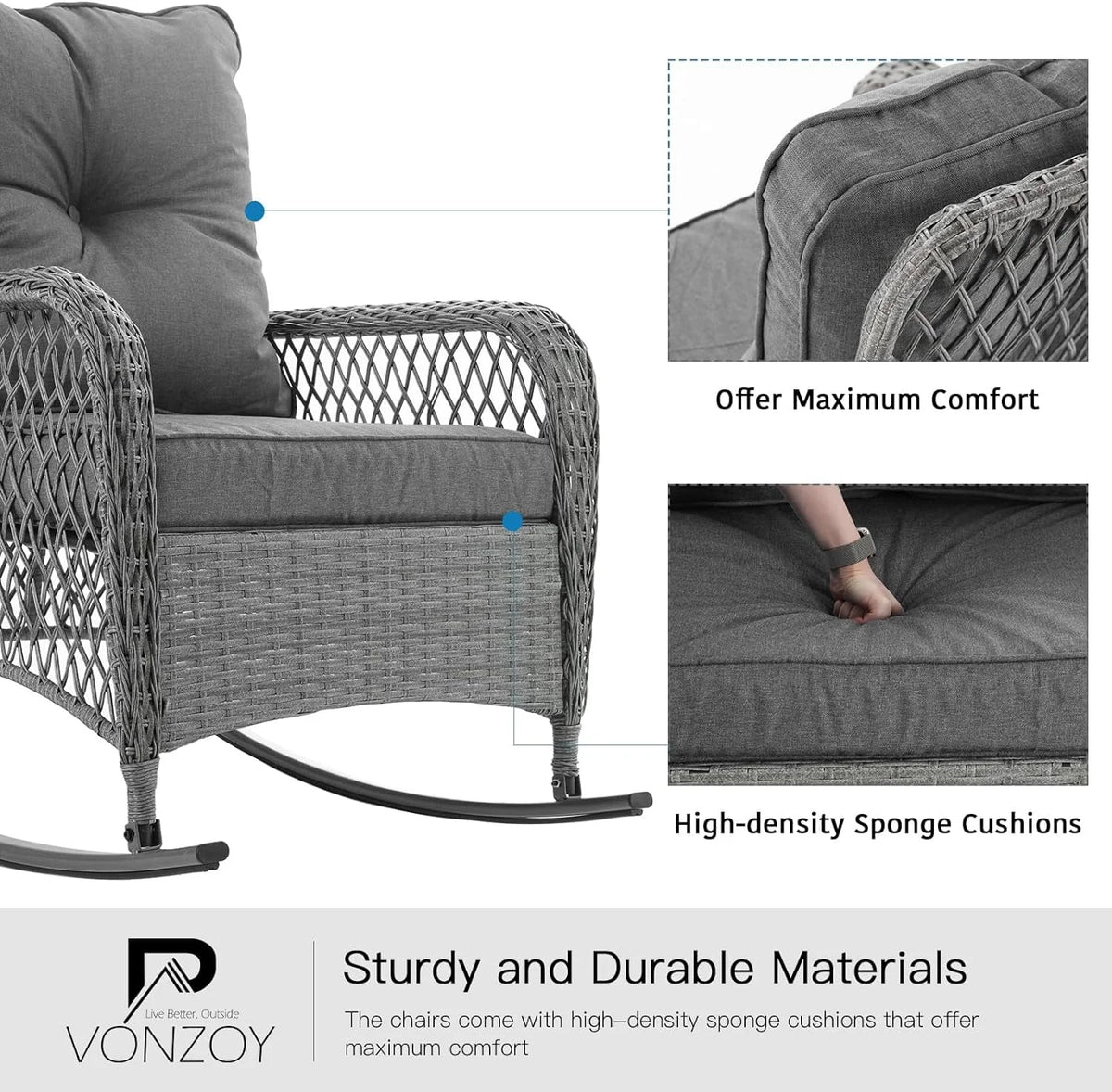 3-Piece Wicker Outdoor Rocking Chairs with Cushions and Table U886