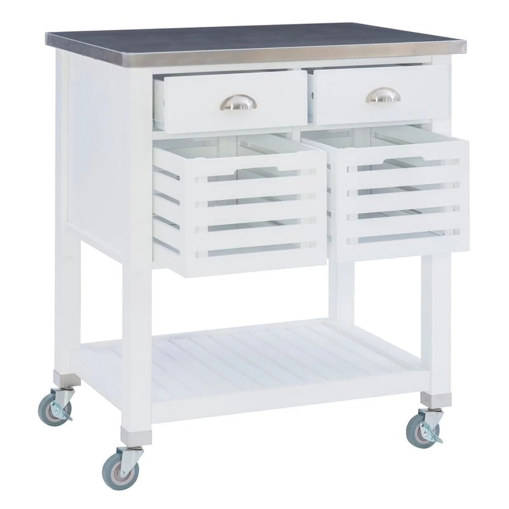 White Wood Stainless Steel Top Kitchen Cart L8859